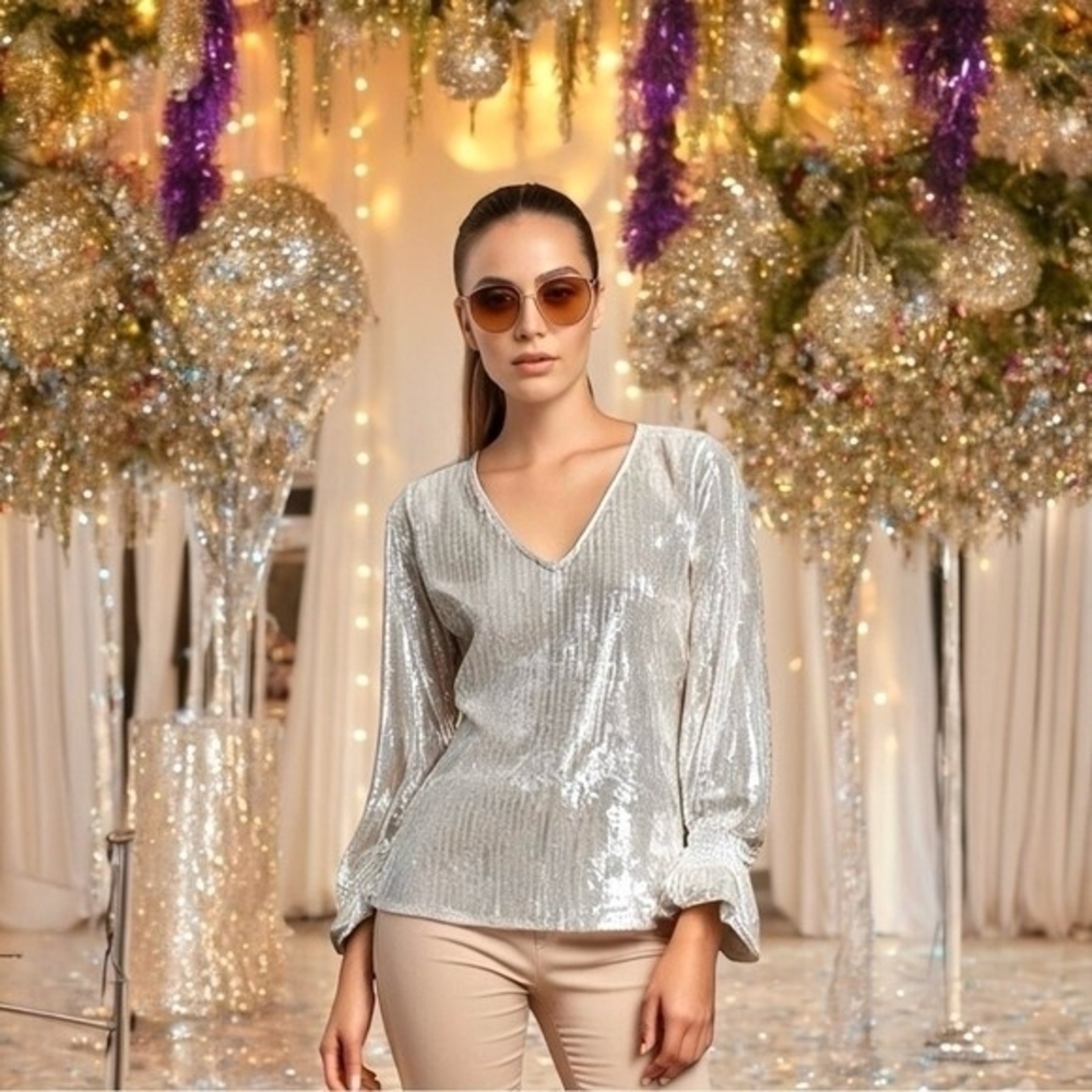 HALOGEN Womens Balloon Sleeve Blouse M Champagne Glitter Velvet V Neck Top EXC